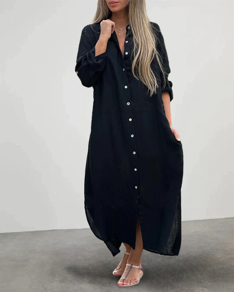 Casual Collar Button Pocket Long Sleeve Shirt Dress