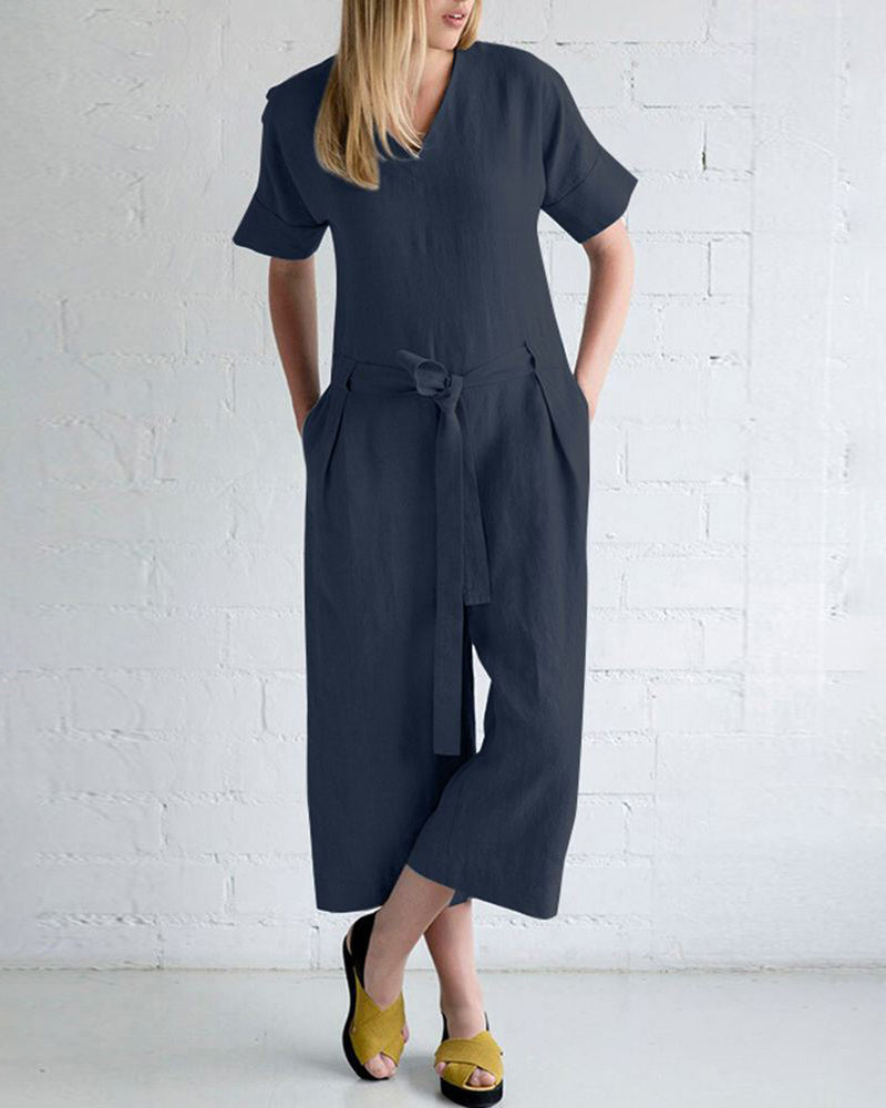 Solid Color Loose Fit Overall Jumpsuit with Pockets
