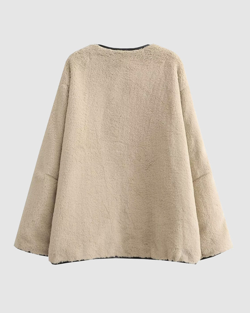 Round Neck Long Sleeve Faux Fur Coat