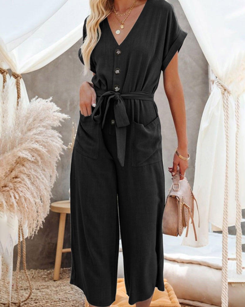 Casual Playsuits Wide Leg Short Sleeves V Neck Buttoned Baggy Belt Jumpsuits Elegant Long Romper with Pockets