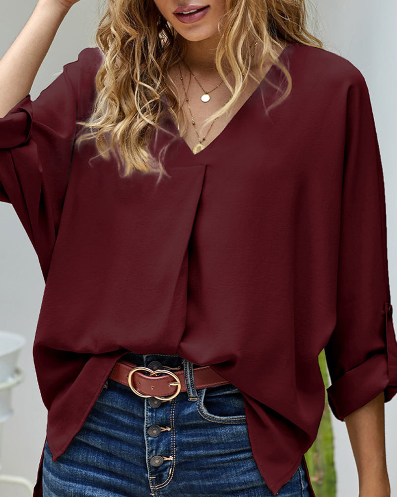 Casual V Neck Batwing 3/4 Sleeve T-Shirts Solid Color Loose Fit Cute Basic Flowy Tunic Tops