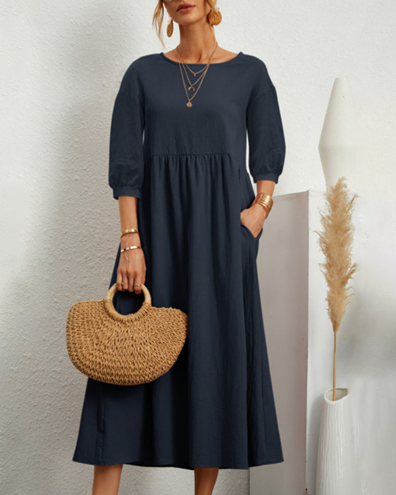 Lantern Sleeve Long Dress Solid Color Loose Crew Neck Mid Waist Dresses with Pockets