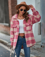 Plaid Fuzzy Longline Jacket with Pockets