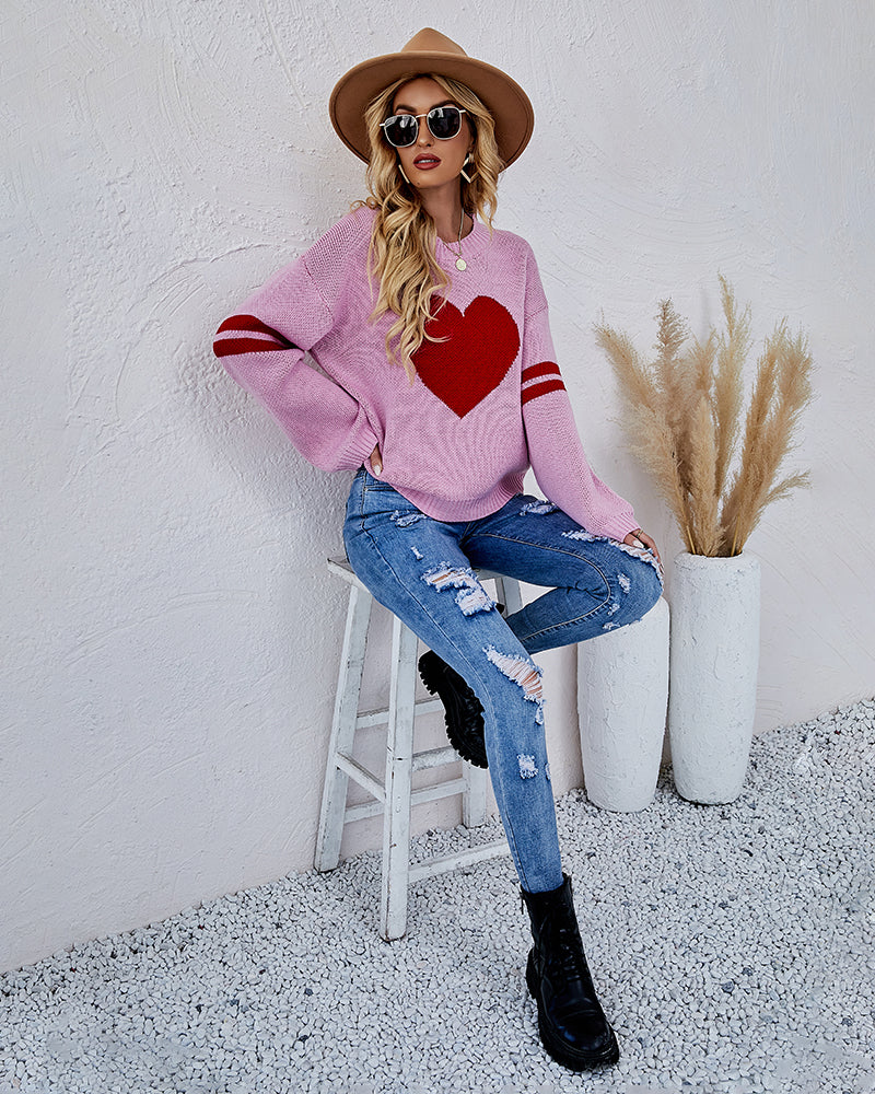 Valentine's Day Loose Heart Pattern Knitted Sweater
