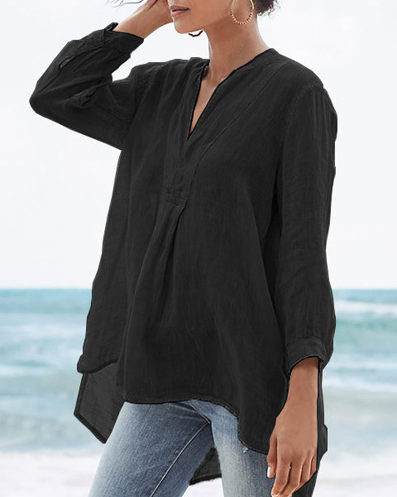 Cotton and Linen Loose Baggy Plus Size V Neck Long Sleeve Beach Shirts Blouses Tops