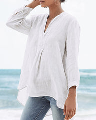 Cotton and Linen Loose Baggy Plus Size V Neck Long Sleeve Beach Shirts Blouses Tops