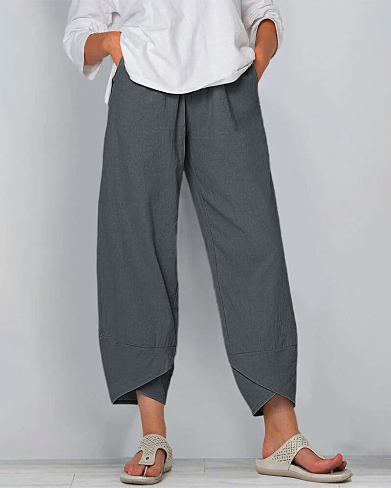 Solid Patchwork Irregular Loose Casual Pants Pocket Elastic Waist Casual Trousers