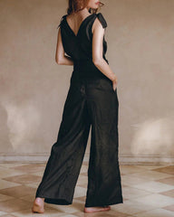 Two Piece Outfits Solid Color Tie Deep V Top High Waist Wide Leg Pants Suit