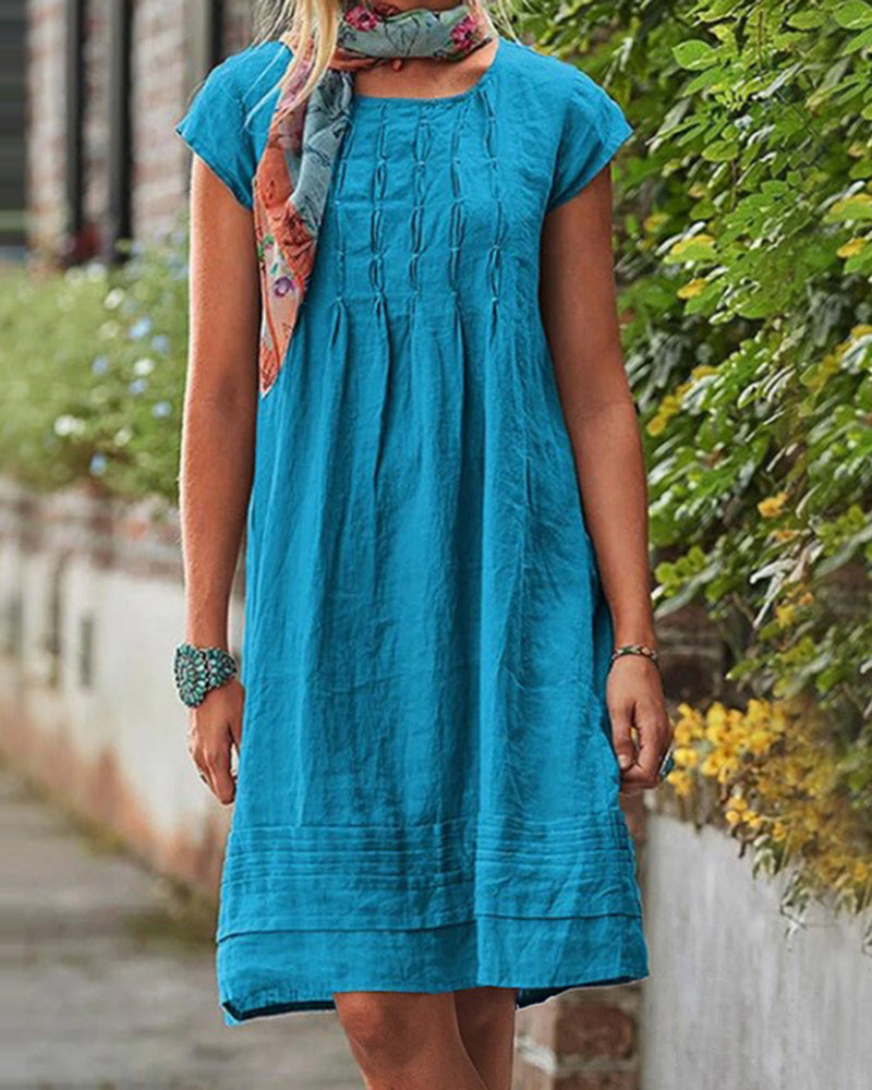 Knee Length Plain Crewneck Tunic Dress Ruched Short Sleeve Loose Pleated Sundress