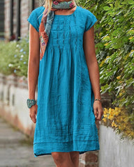 Knee Length Plain Crewneck Tunic Dress Ruched Short Sleeve Loose Pleated Sundress