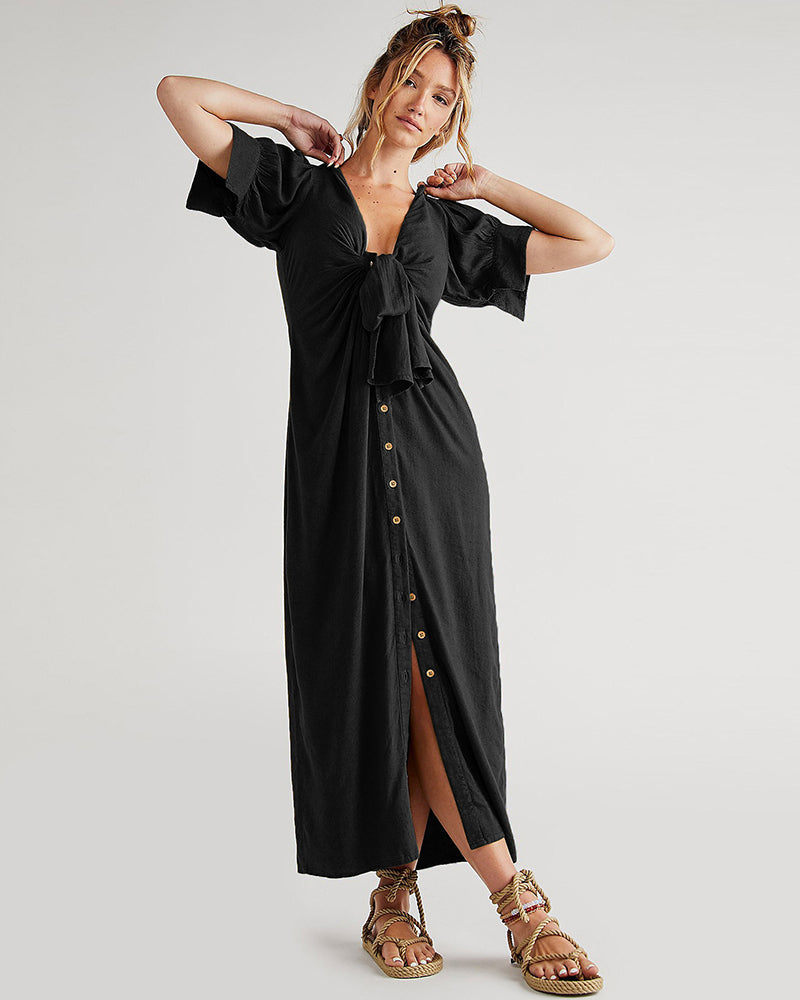 V Neck Short Sleeve Button Down Blouse Dress Tie Casual Long Maxi Dresses