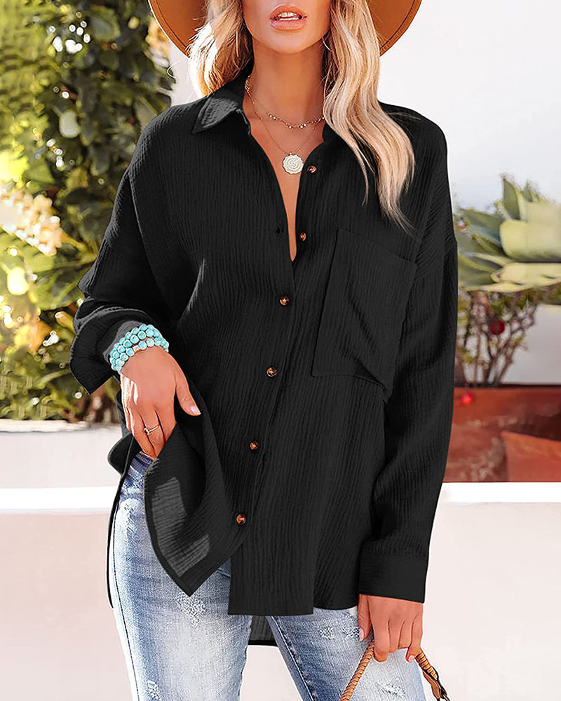 Crinkle Crepe Casual Top Button-Down Long Sleeve Shirt Loose Blouse with Pocket