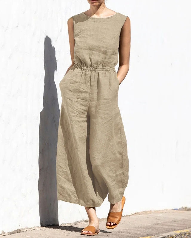 Elastic Waist Playsuit Plain Sleeveless Wide Leg Long Jumpsuit