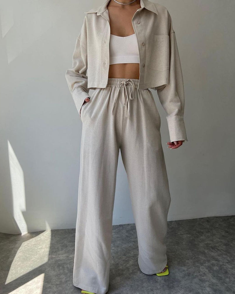 Two Piece Outfits Casual Lounge Sets Long Sleeve Short Casual Shirt with Drawstring Trousers Set