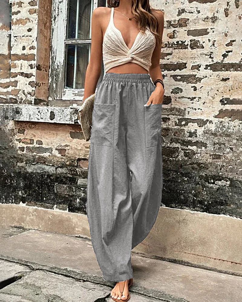 Solid Color Bottoms Elastic Waisted Pant Summer Baggy Trousers Straight Leg Pants