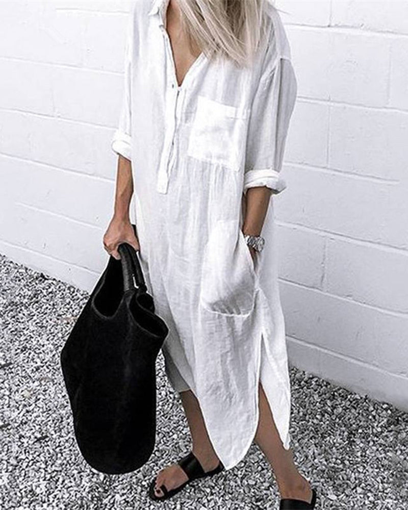 Lapel Casual Shirt Dresses Long Sleeve Pocket Sommer Maxi Dresses