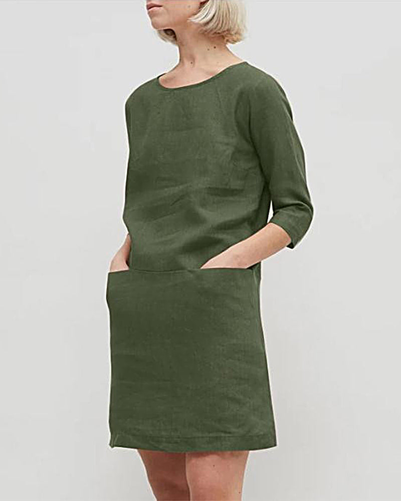 Half Sleeve Solid Color Round Neck Pocket Casual Dress