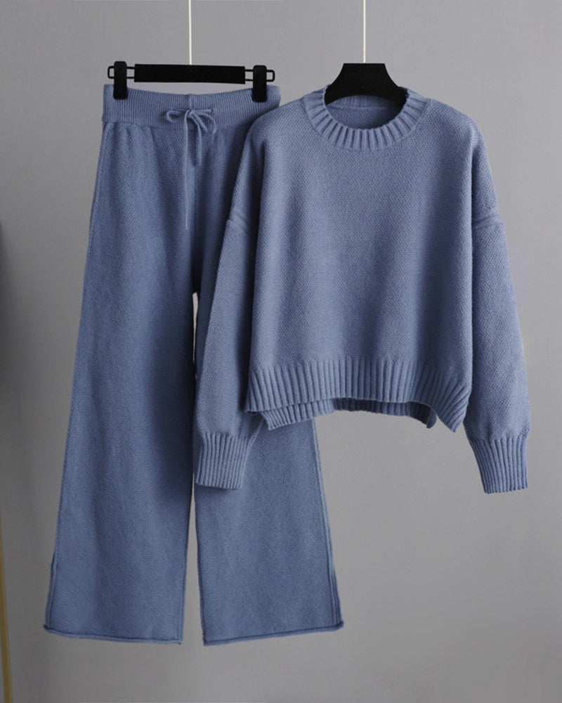 Casual Knit Two-Piece Set Loose-Fit Sweater and Wide-Leg Pants