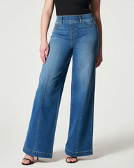 Seamed Front Wide Leg Jeans Elastic Waist Stretch Denim Flare Jeans