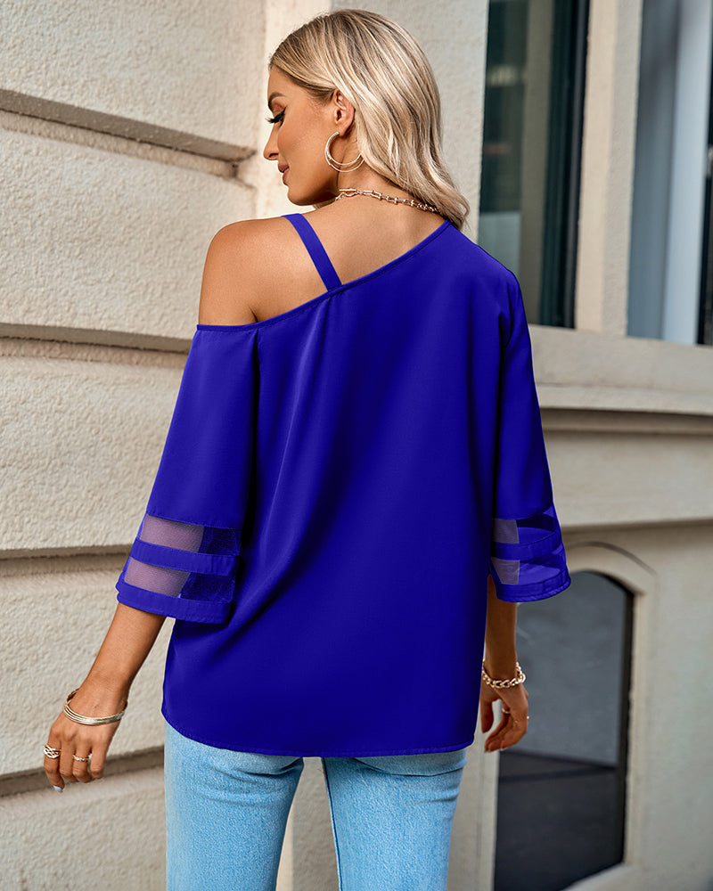 Asymmetrical Neck Buckled Spliced Mesh Blouse