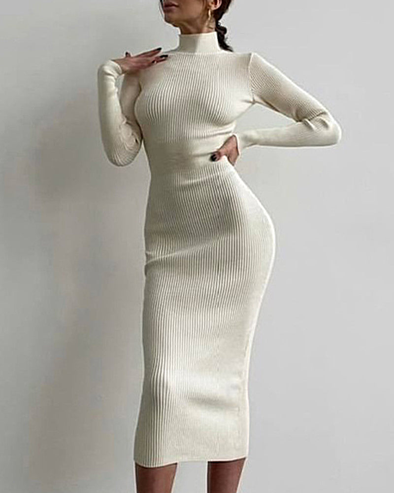 High Collar Mid-length Pitted Knitted Dresses Women's Solid Color Knitted Dress