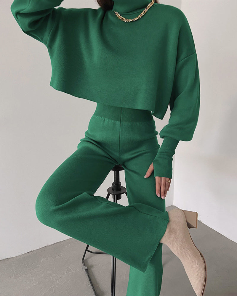 Women's Knitted Two Pieces Sets Turtleneck Cropped Sweater with High-waisted Flared Pants