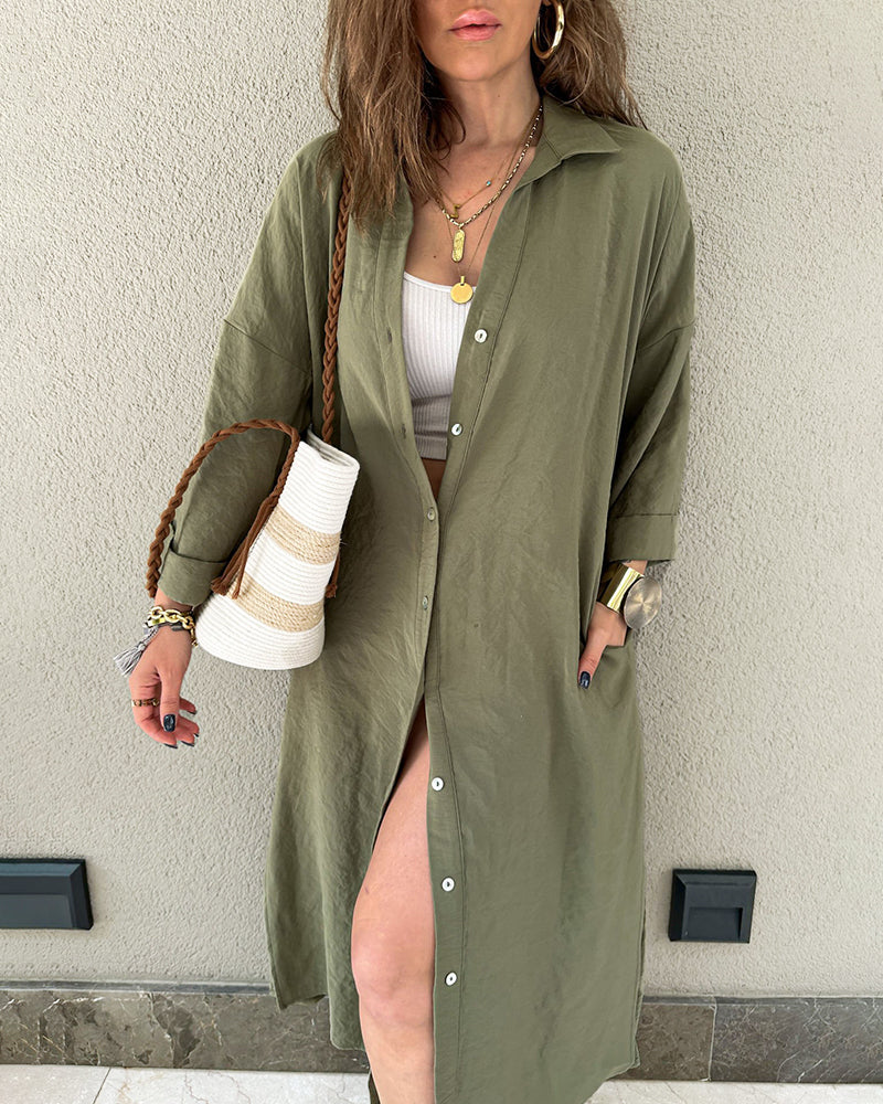 Button Long Pocket Shirt Casual Dress