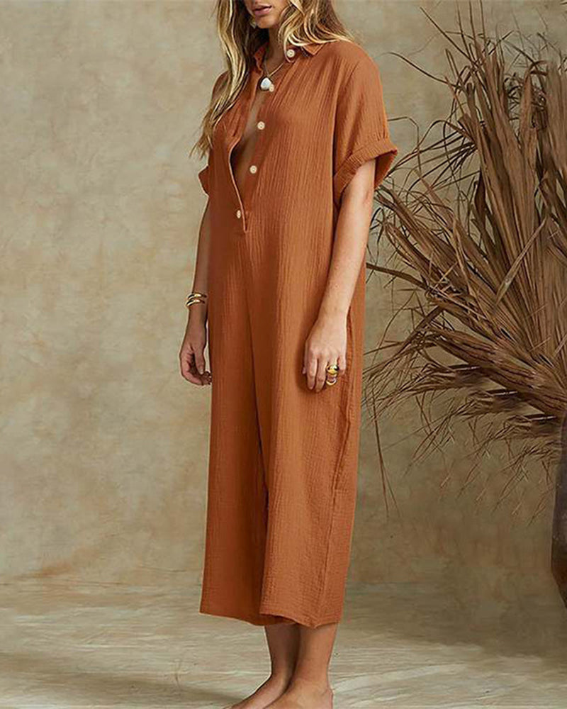 Short Sleeve V Neck Jumpsuit Button Down Turndown Collar Wide Leg Jumpsuit