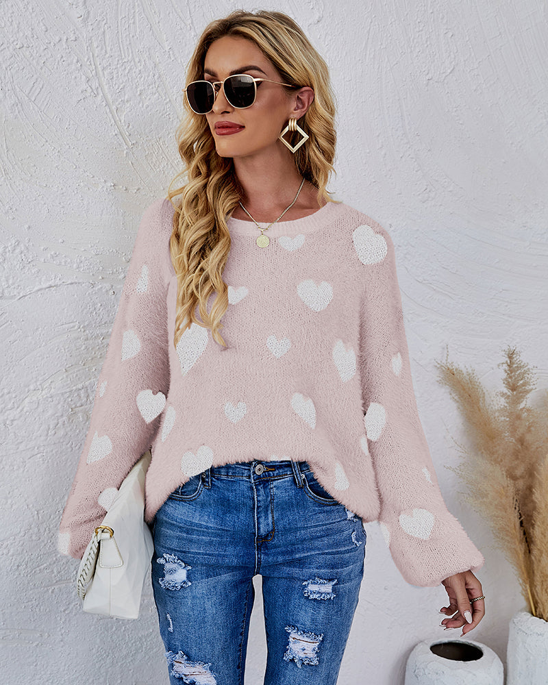 Love Pattern Round Neck Knit Sweater