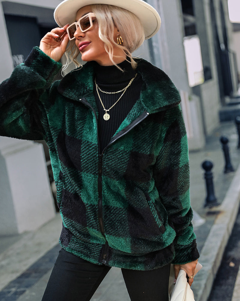 Plaid Zip Up Collared Plush Jacket