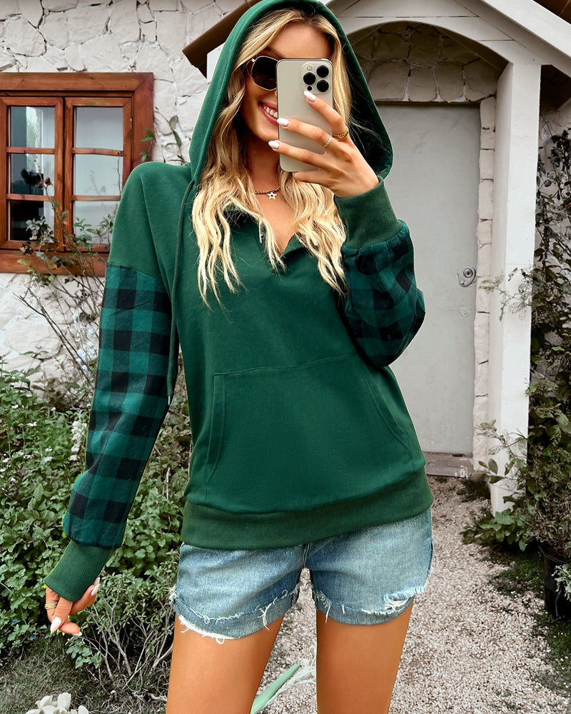 Plaid Hooded Drawstring Splicing Sweatshirt Tops