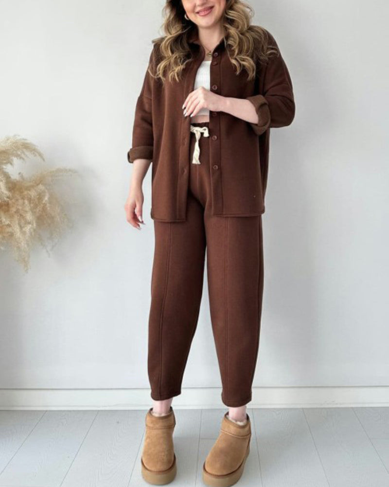 Simple Casual Two-Piece Set with Fleece Inside Lapel-Neck Shirt+Wide-leg Pants