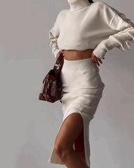 Elegant Two-piece Set Turtleneck Sweater with Split Hem Long Skirts Outfits