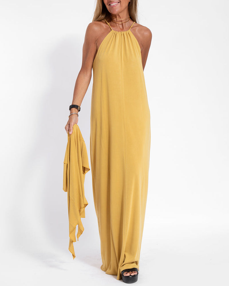 Two-piece Halterneck Tie Sleeveless Long Dress and Irregular Cardigan Set