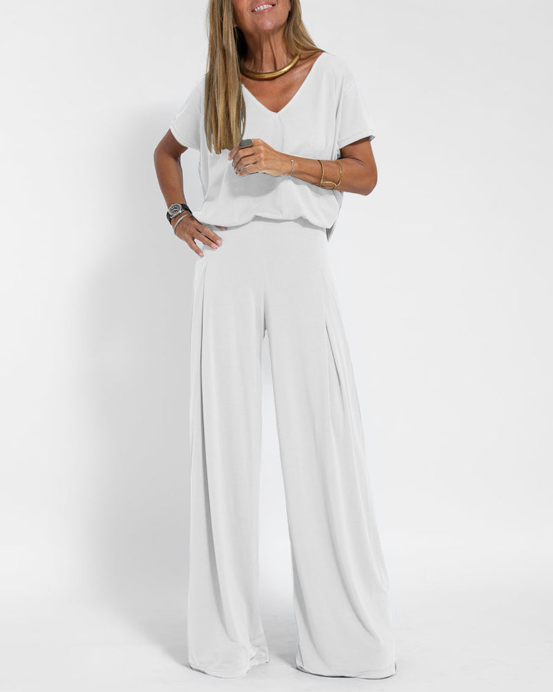 Casual Two Pieces Set Short Sleeve V neck Tops and Wide Leg Long Pants