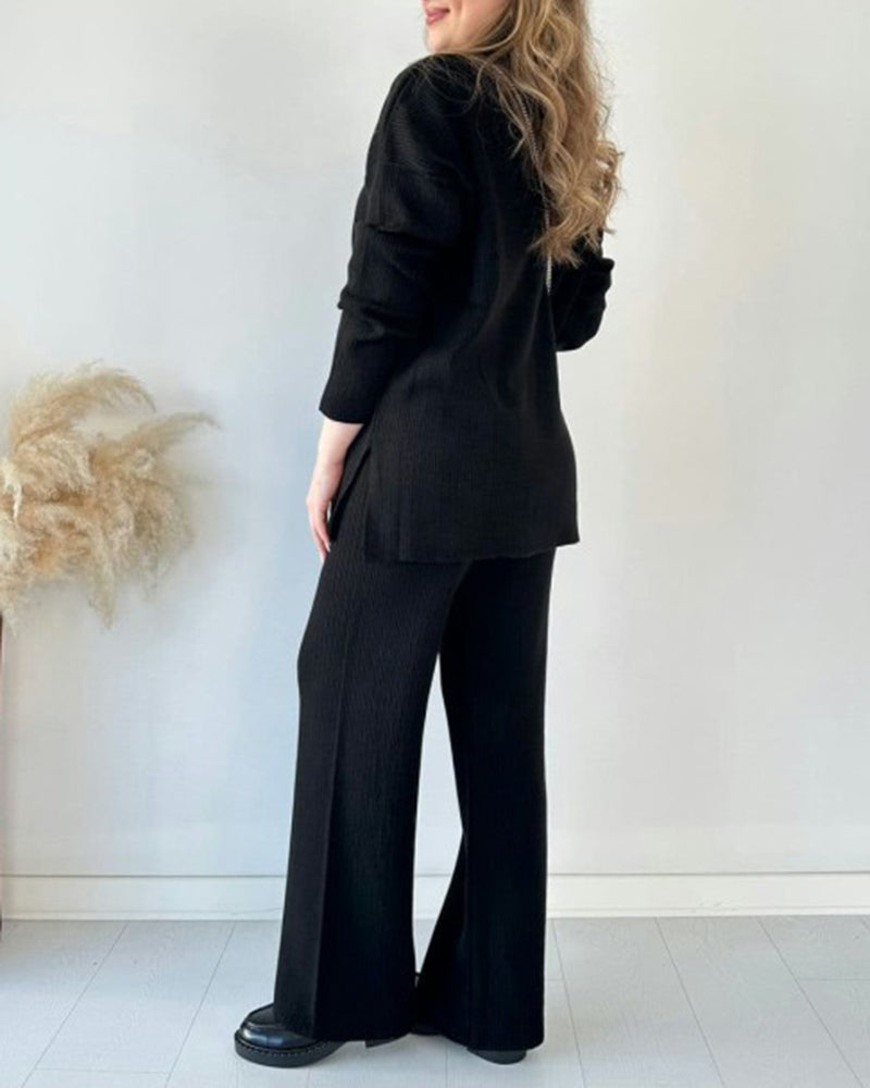Solid Color Loose Hem Slit Two-piece Sweater Set