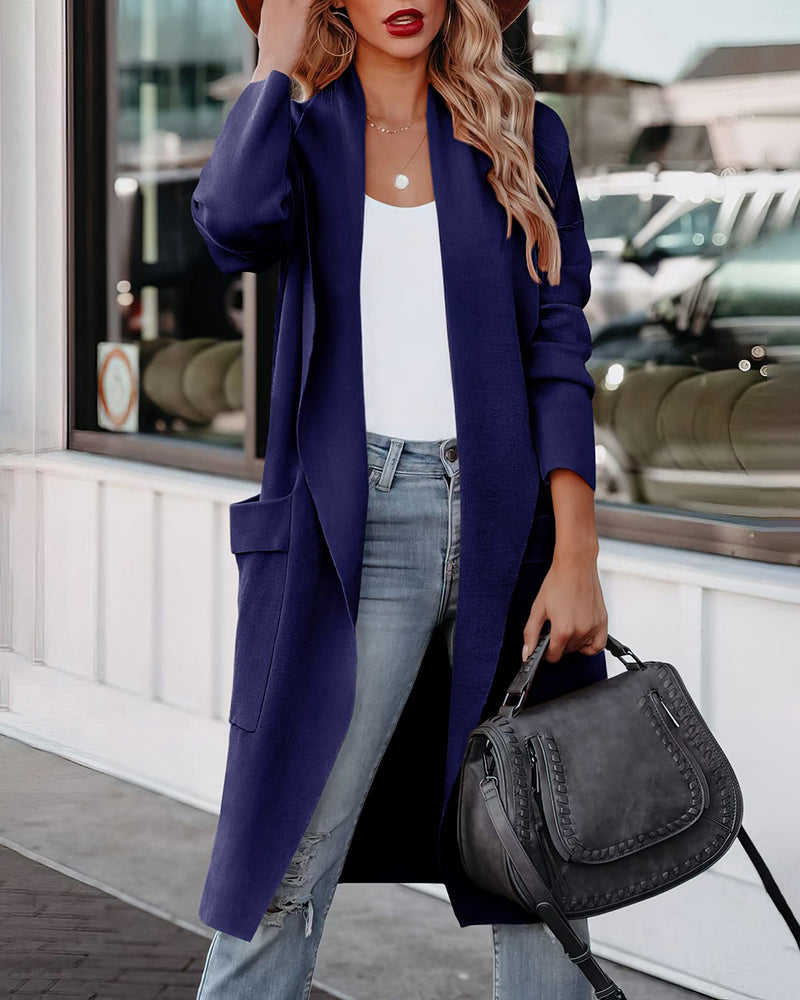 Casual Long Sleeve Draped Open Front Knit Pockets Long Cardigan Jackets Sweater