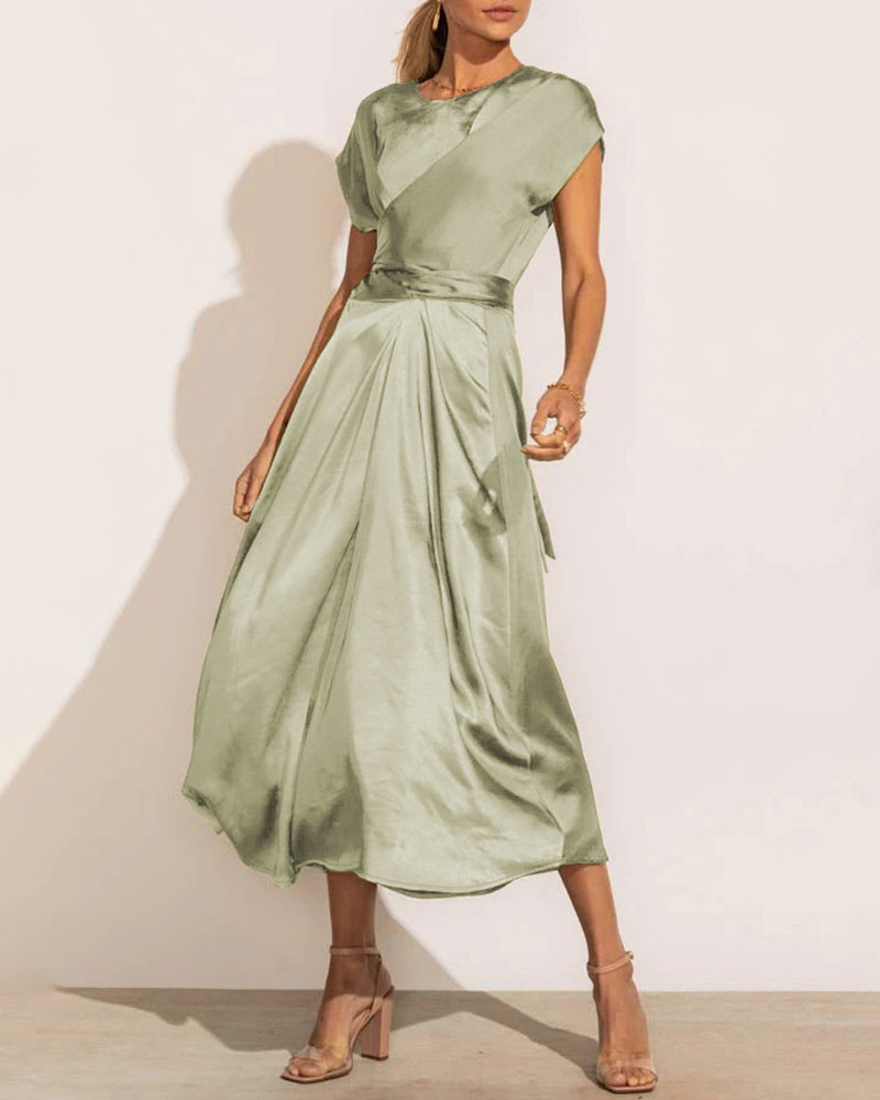 Satin Midi Dress Cap Sleeve Tie Waist Elegant A-Line Flowy Dresses