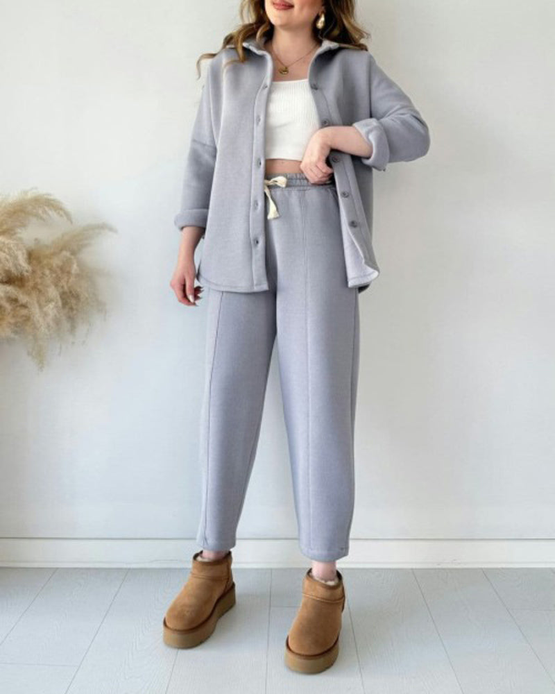 Simple Casual Two-Piece Set with Fleece Inside Lapel-Neck Shirt+Wide-leg Pants