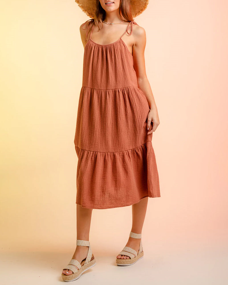 Lace-up Sling Dress Candy Color Stitching Solid Color Midi Dress