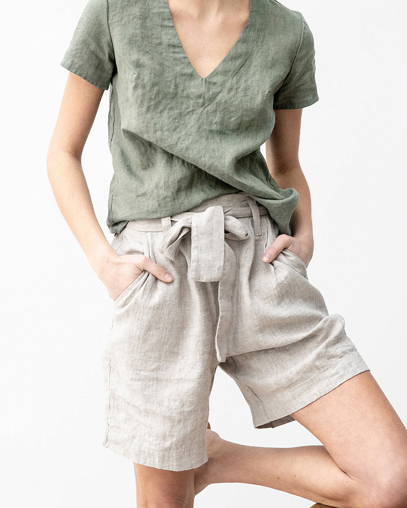 Belted Straight-leg High-waisted Cotton and Linen Casual Pants