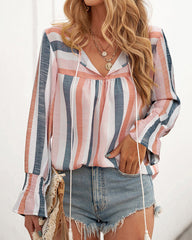 Striped Shirt V-neck Long-sleeved Top T-shirt