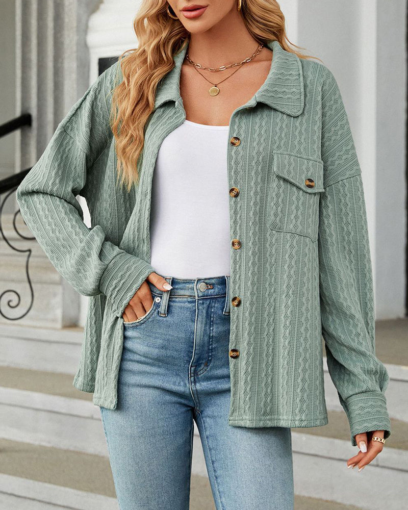 Solid Color Turn-Down Collar Twisted Knit Long Sleeve Loose Jacket