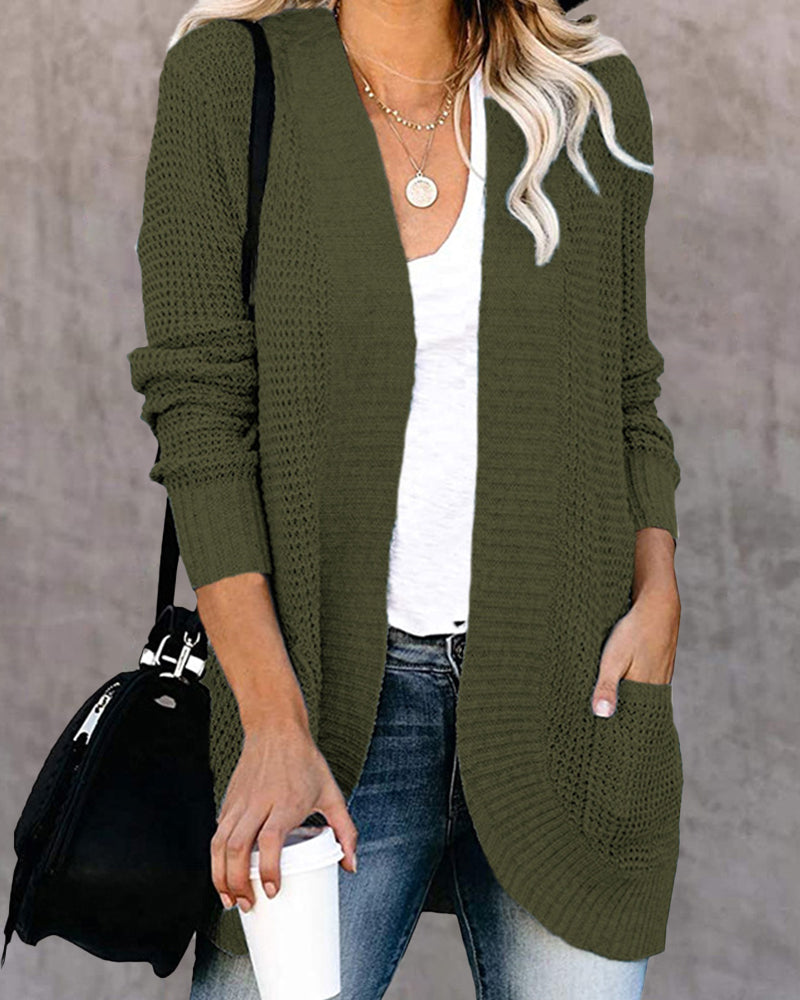Long Sleeve Open Front Cardigans Curved Fly Pocket Sweater Outwear
