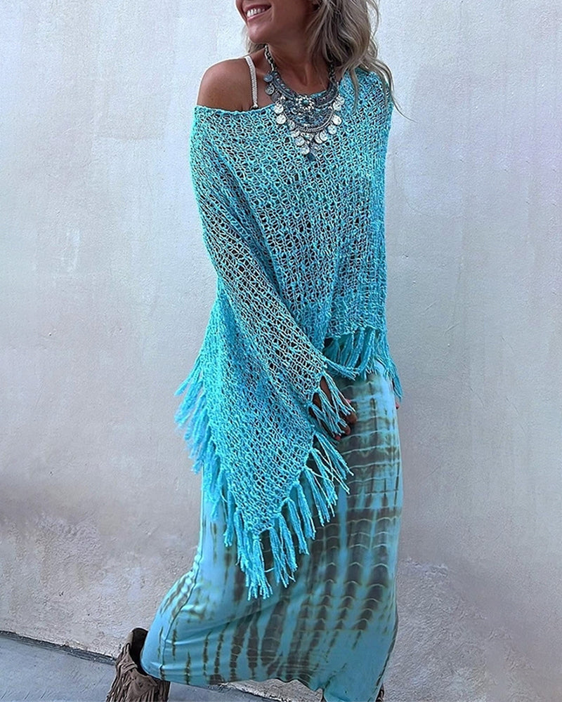 Dolman Sleeve Fringe Knit Sweater Pullover Cape Shawl Blouse