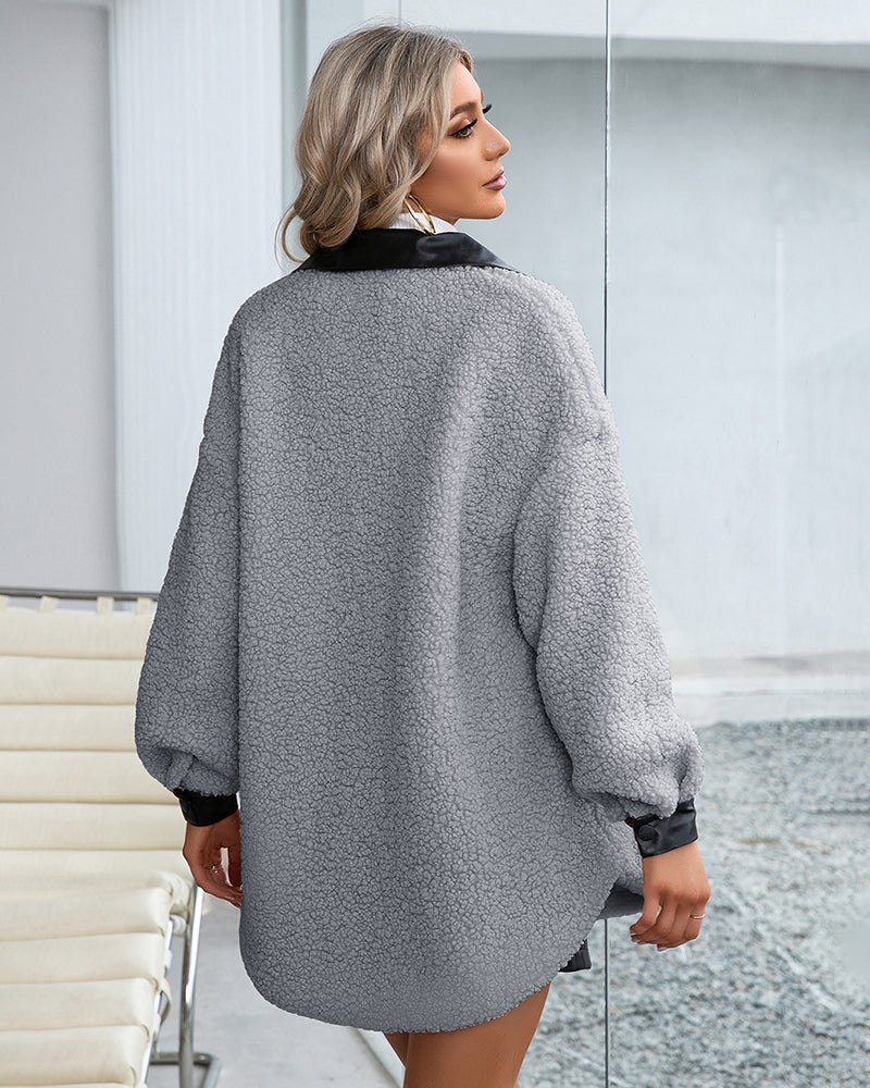 Lapel Collar Plush PU Single-breasted Trench Coat
