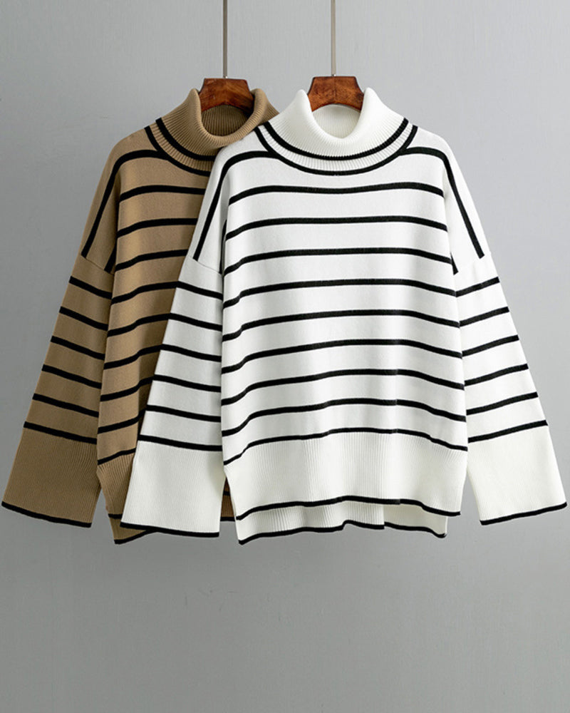 Striped Sweater Casual Turtleneck Knit Pullover Jumper Tops