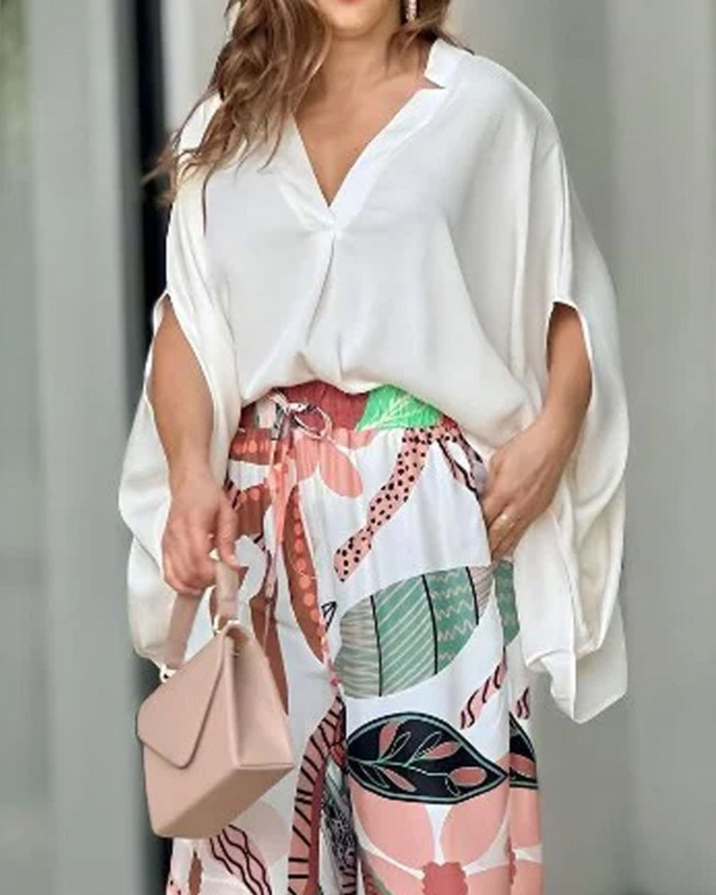 Two-piece Set V-Neck Batwing Sleeve Loose Top and Printed High-Waisted Wide Leg Pants Set