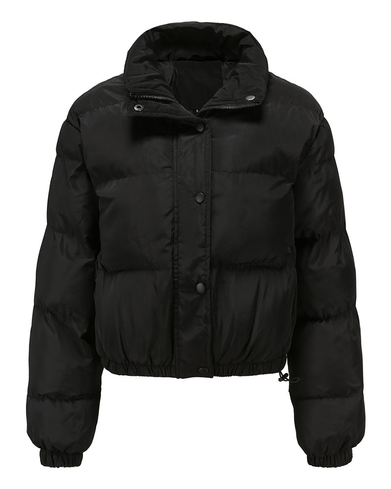 Short Puffer Jacket Stands Up Button Zipper Outerwear