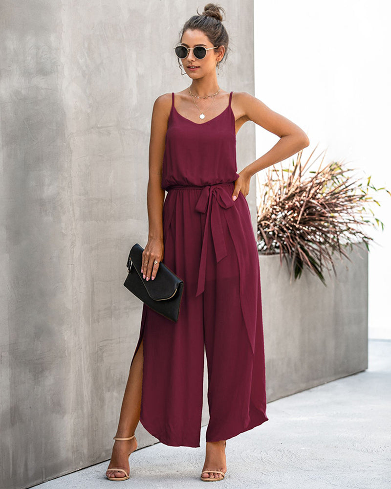 V-neck Suspenders Wide-leg Side Slit Women's Jumpsuit